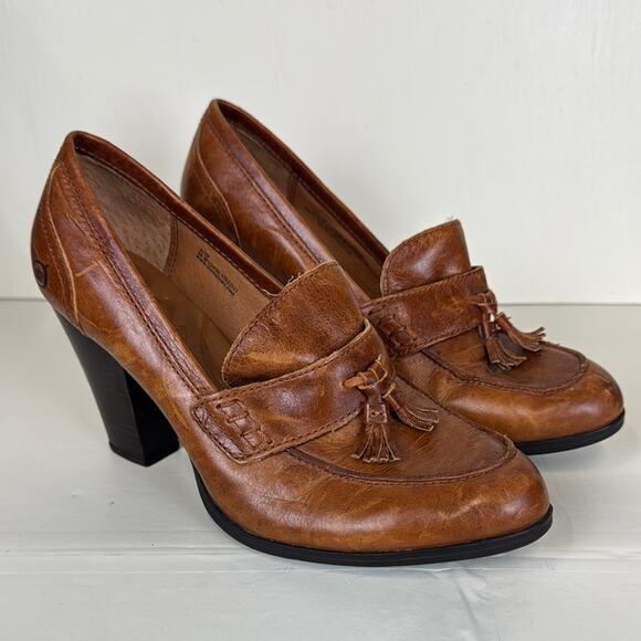Born Brown Leather Heeled Loafers with Vintage Charm - Picture 1 of 10
